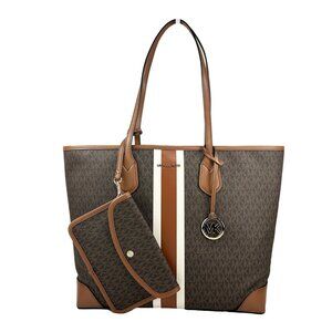 NEW Michael Kors Eva Large Stripe Travel Tote Bag Plus Pouch Brown Leather / PVC